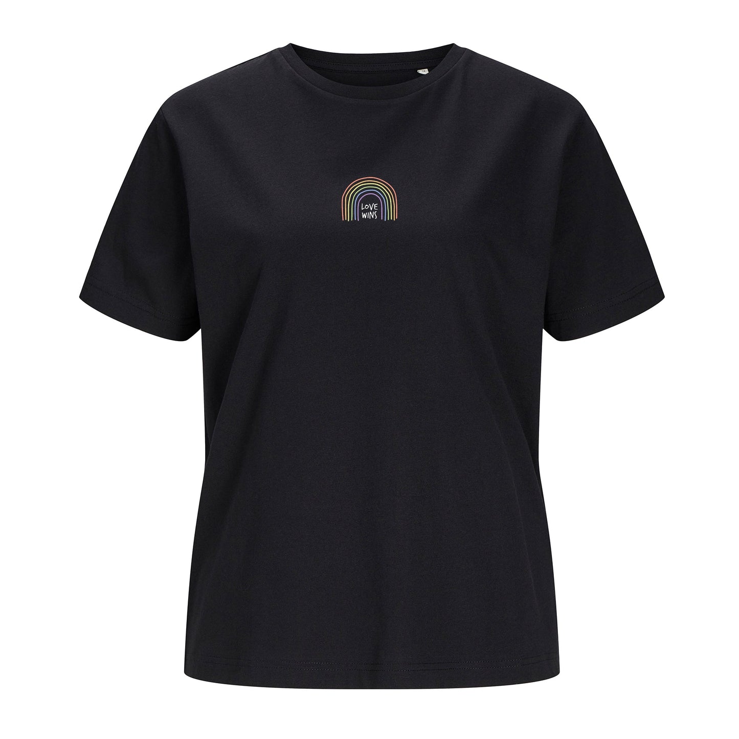 Weißes T-Shirt Love wins freigestellt auf weißem Hintergrund – Vorderansicht