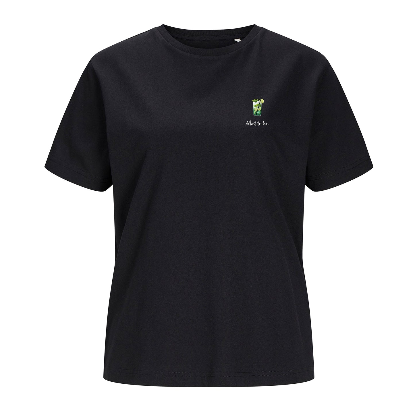 Weißes Unisex T-Shirt mit dem „Mint to be“-Motiv, freigestellt auf weißem Hintergrund. Das Shirt besteht aus 100 % Bio-Baumwolle.