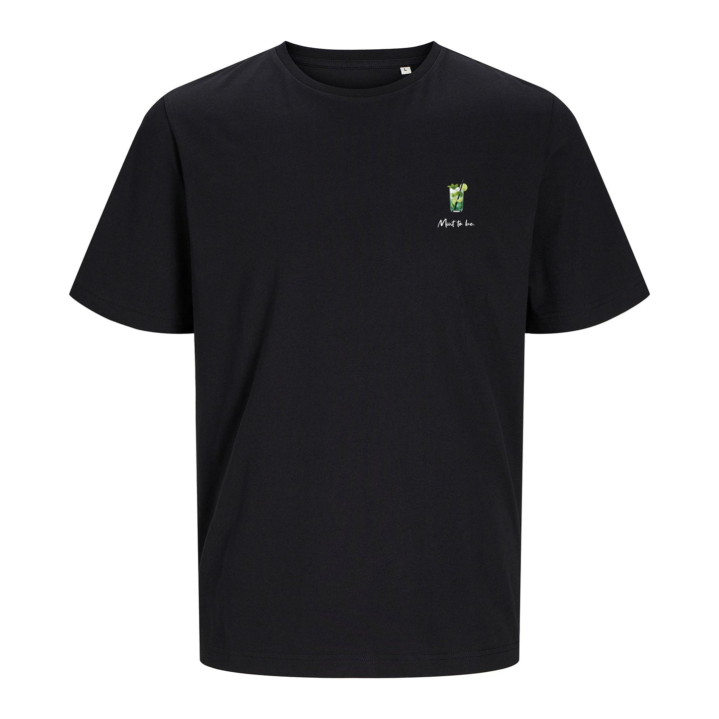 Schwarzes T-Shirt Mint to be freigestellt auf weißem Hintergrund – Vorderansicht
