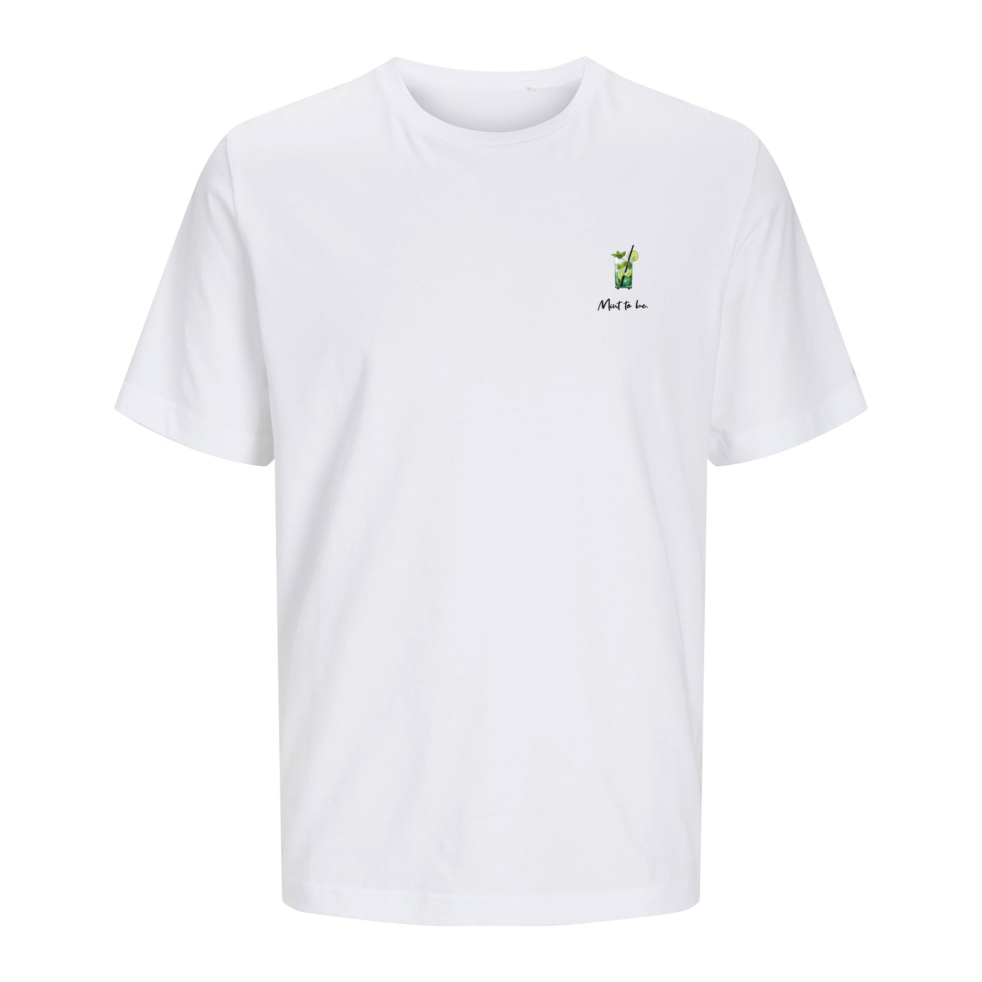Weißes Unisex T-Shirt mit dem „Mint to be“-Motiv, freigestellt auf weißem Hintergrund. Das Shirt besteht aus 100 % Bio-Baumwolle.