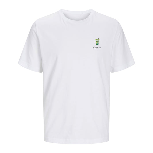 Weißes Unisex T-Shirt mit dem „Mint to be“-Motiv, freigestellt auf weißem Hintergrund. Das Shirt besteht aus 100 % Bio-Baumwolle.