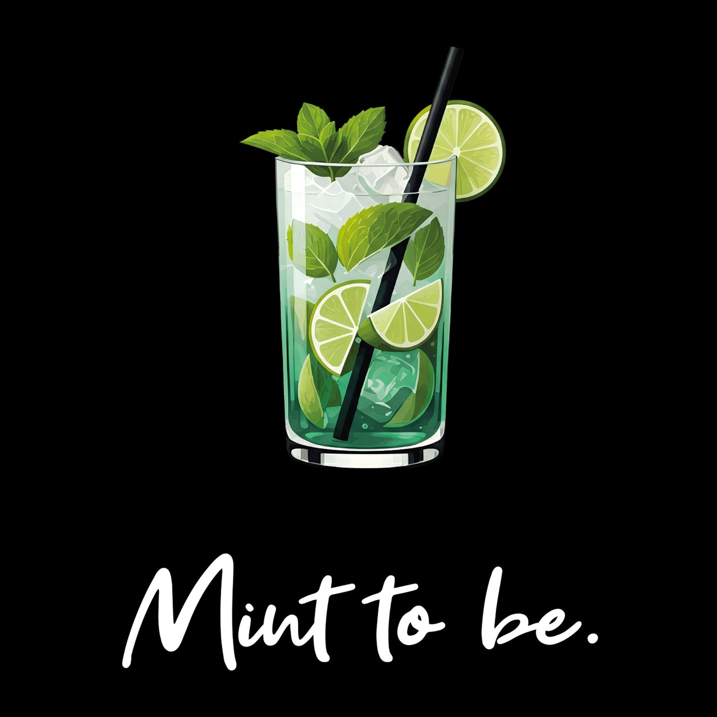 Detailansicht Mint to be-Motiv auf schwarzem T-Shirt – Cocktailglas mit Minzblättern und Spruch