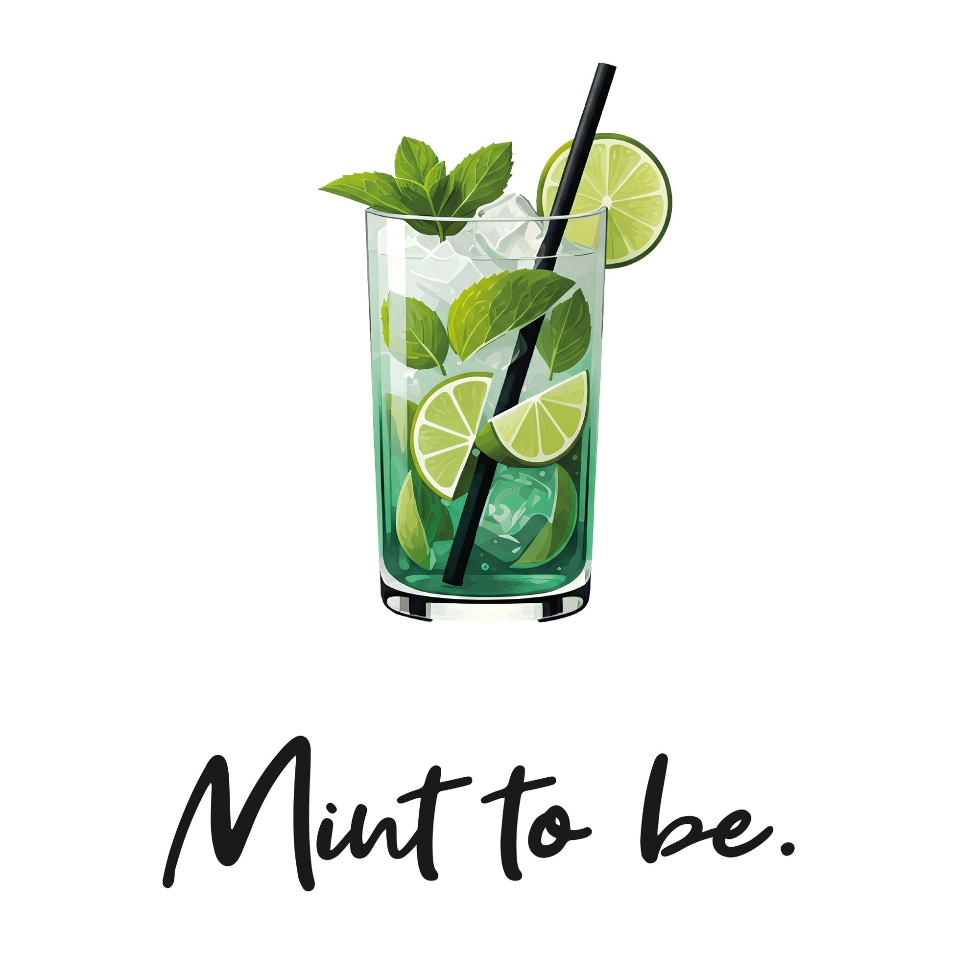 Weißes Unisex T-Shirt mit dem Motiv eines Mojito-Glases, gefüllt mit Minze, Limette und Eiswürfeln, sowie dem Spruch „Mint to be“.