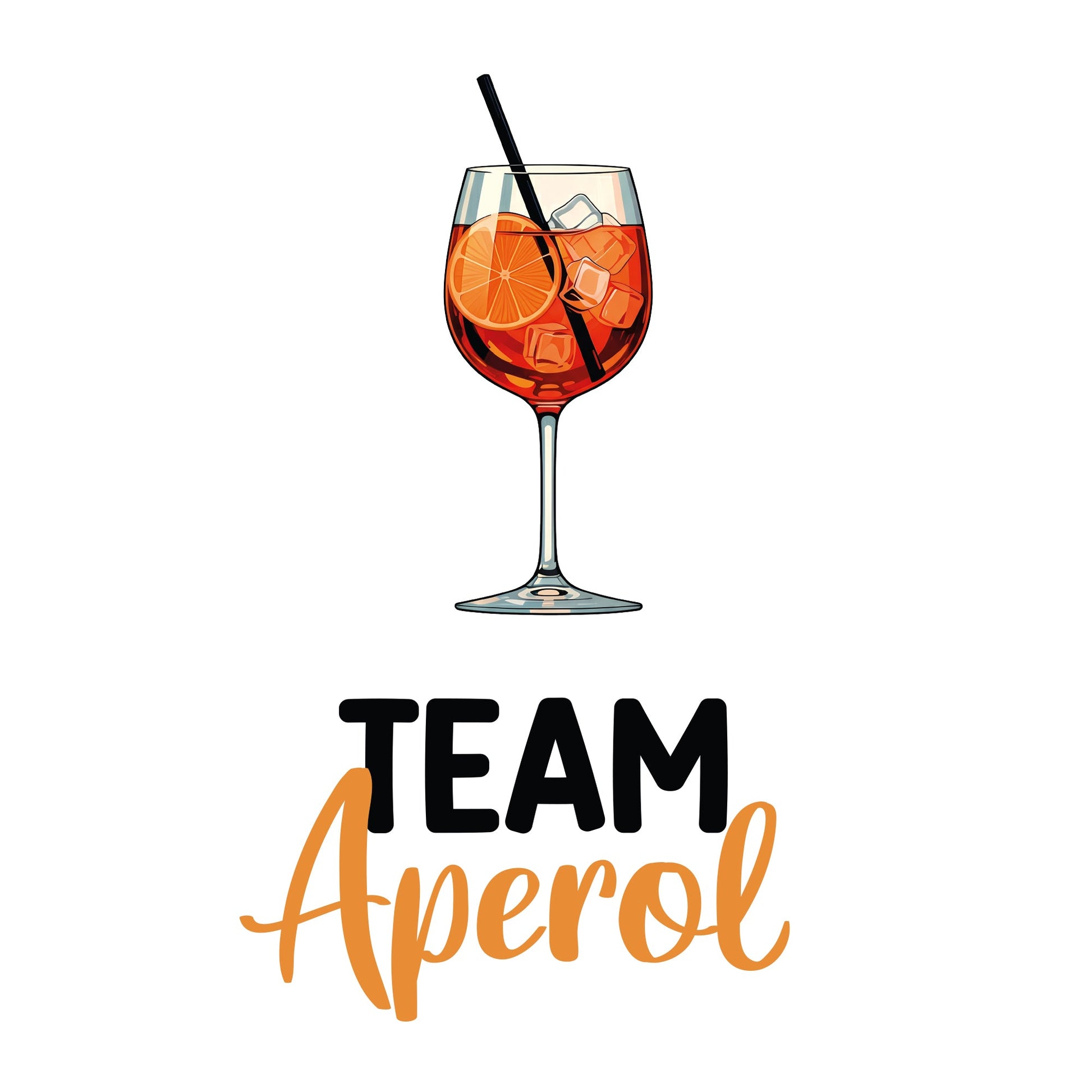 Detailansicht Team Aperol-Motiv auf weißem T-Shirt – Aperol Glas mit Strohhalm und Spruch