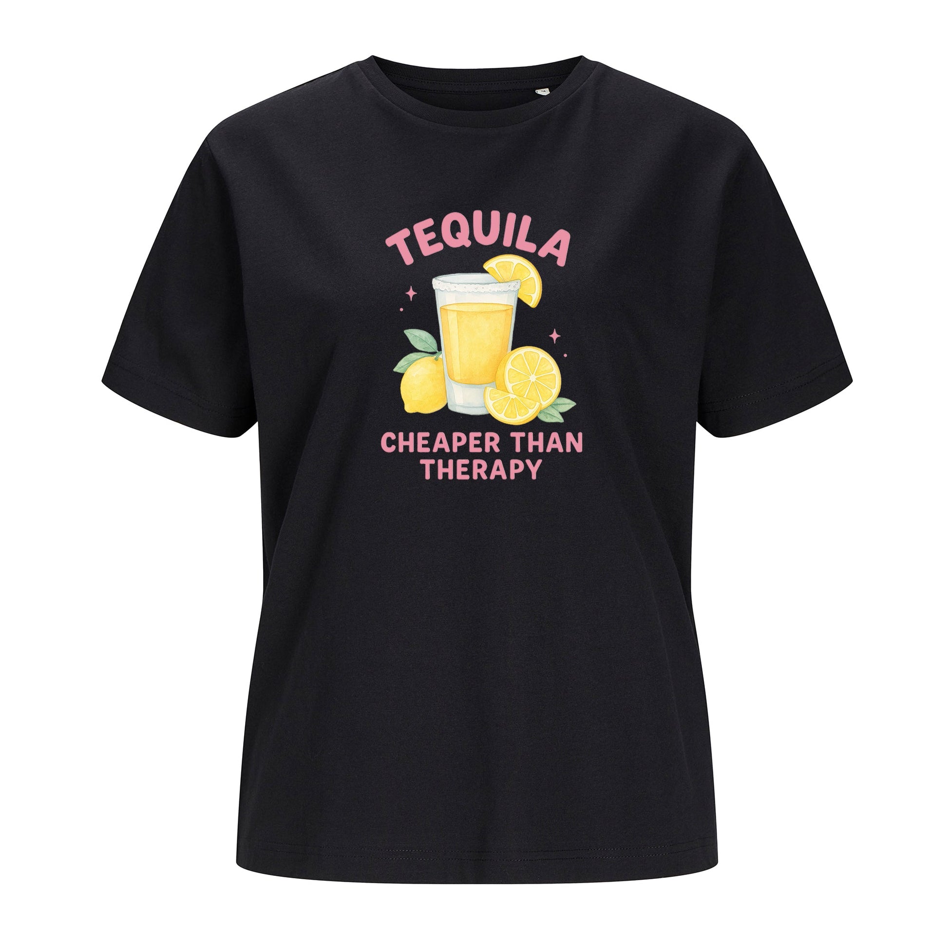 Schwarzes T-Shirt Tequila freigestellt auf weißem Hintergrund – Vorderansicht