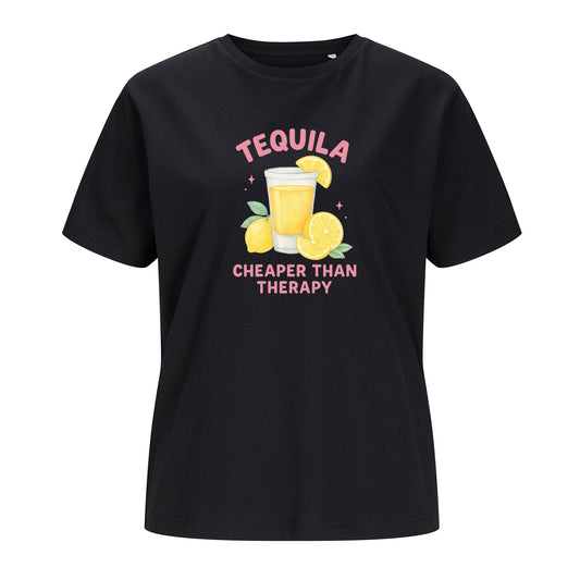 Schwarzes T-Shirt Tequila freigestellt auf weißem Hintergrund – Vorderansicht