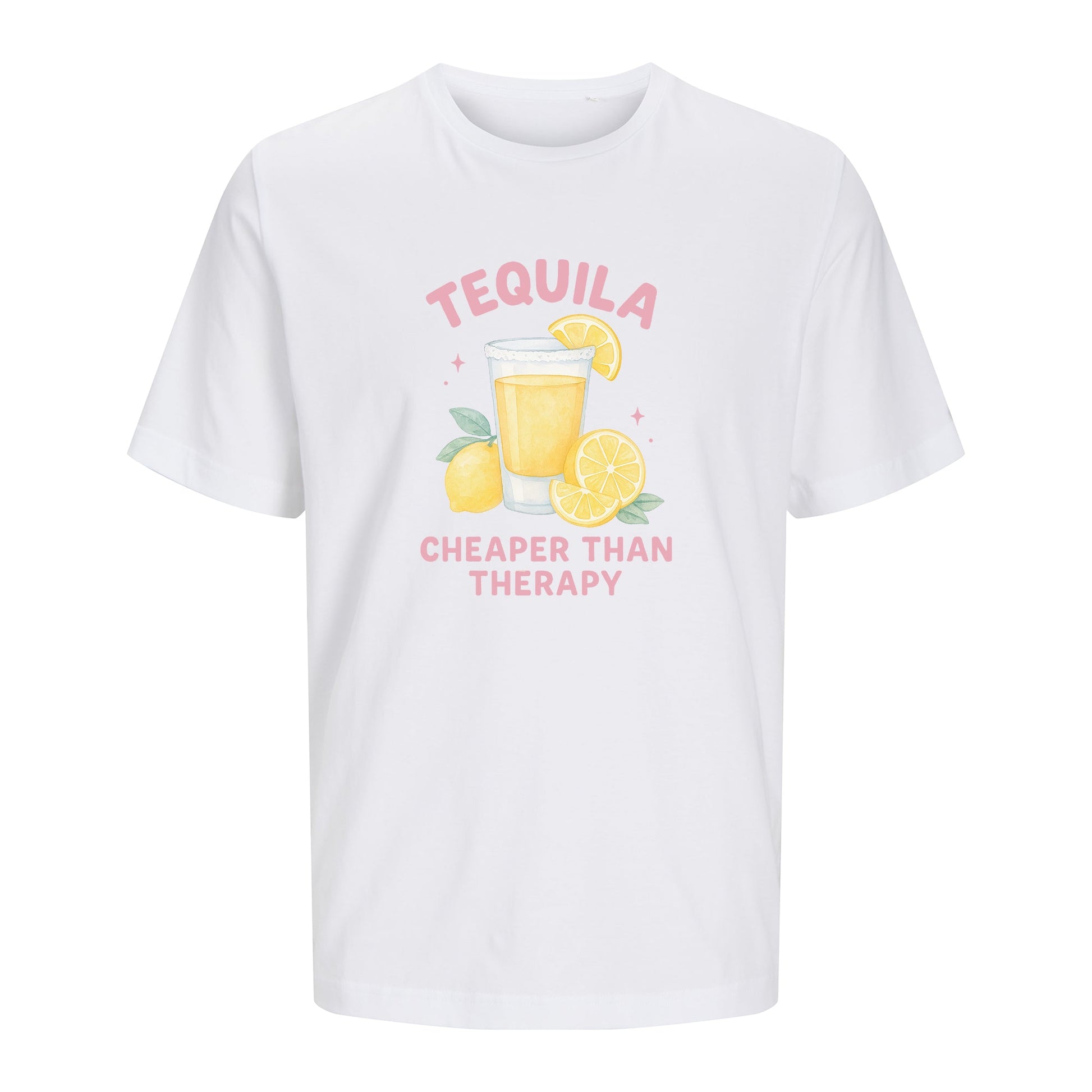 Weißes T-Shirt Tequila freigestellt auf weißem Hintergrund – Vorderansicht