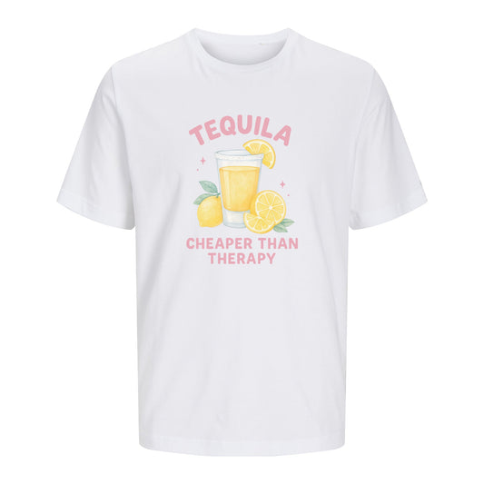 Weißes T-Shirt Tequila freigestellt auf weißem Hintergrund – Vorderansicht