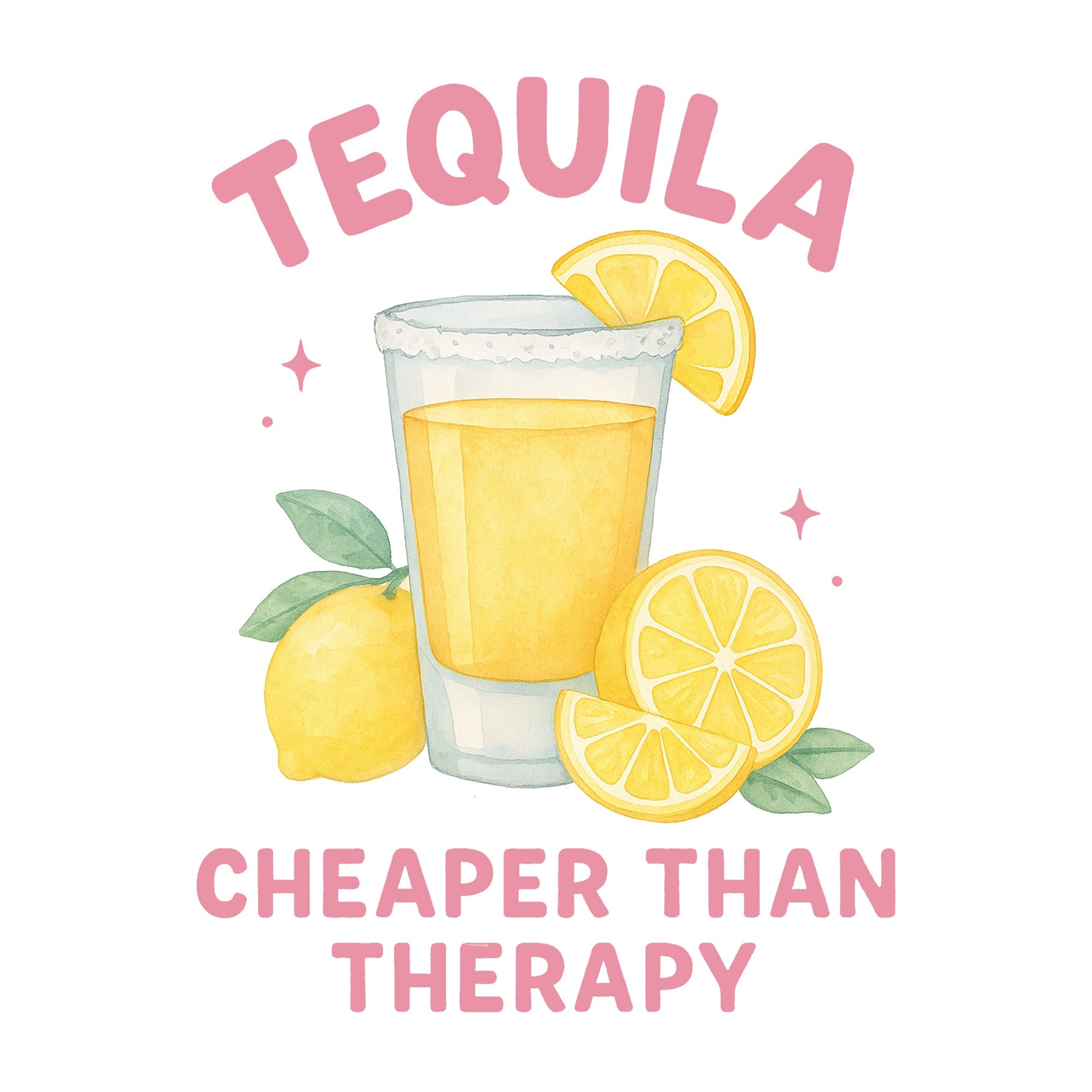 Detailansicht Tequila-Motiv auf weißem T-Shirt – Glas mit Zitronen und Spruch