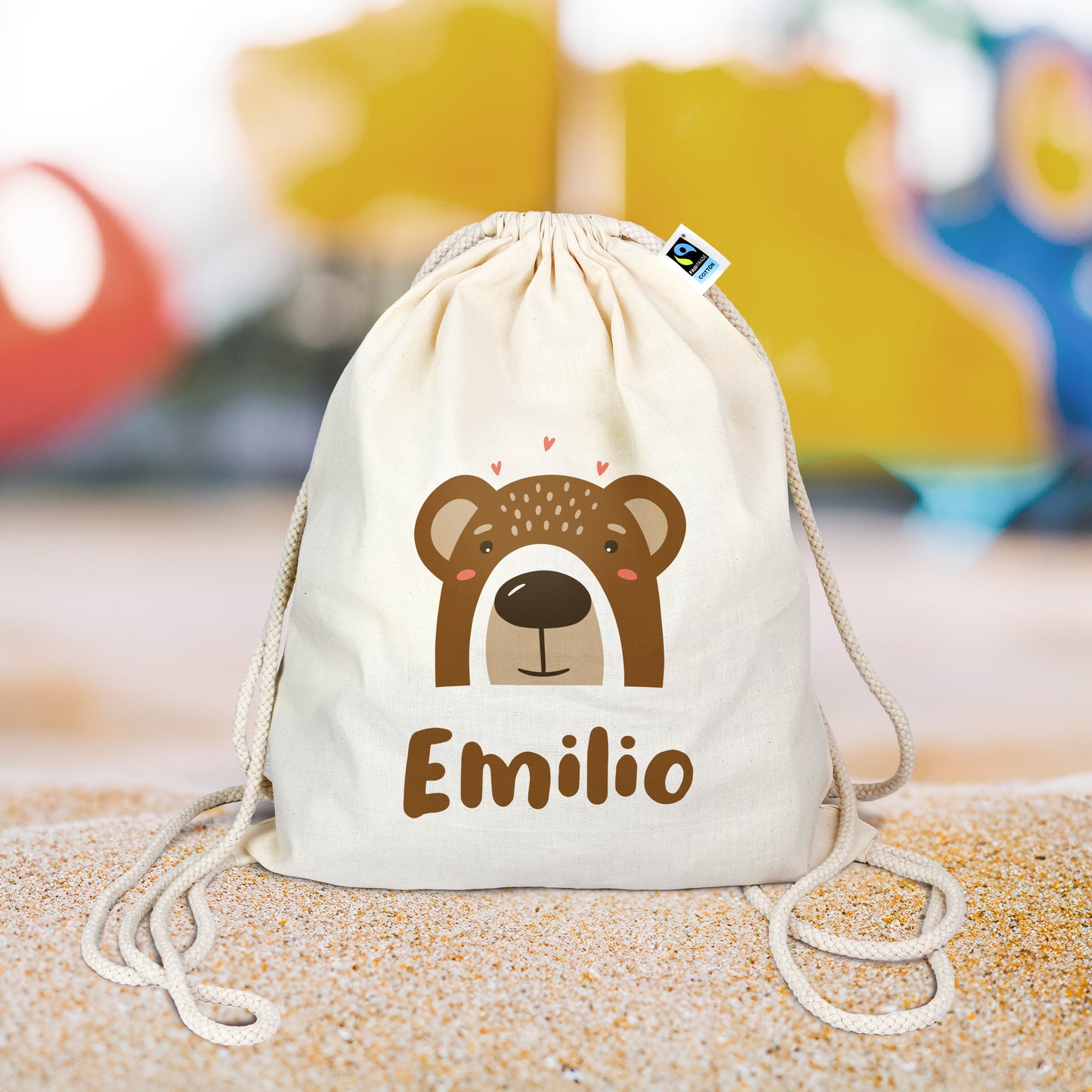 Turnbeutel aus Bio-Baumwolle | Bär mit Name - verschenkich.de