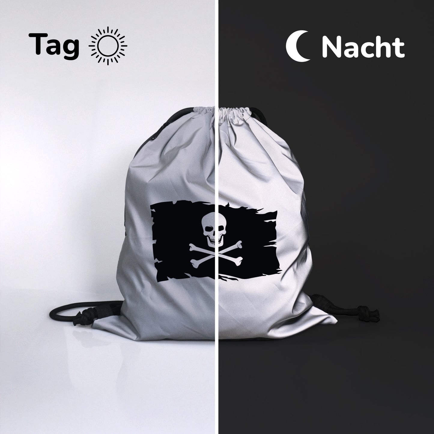 Turnbeutel Rucksack reflektierend | Piratenflagge | leuchtend | erhöhte Sichtbarkeit und Sicherheit | für Schule | Sport | Kinder | Teens - verschenkich.de