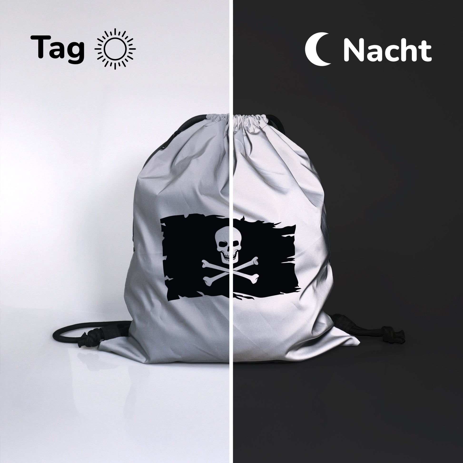 Turnbeutel Rucksack reflektierend | Piratenflagge | leuchtend | erhöhte Sichtbarkeit und Sicherheit | für Schule | Sport | Kinder | Teens - verschenkich.de