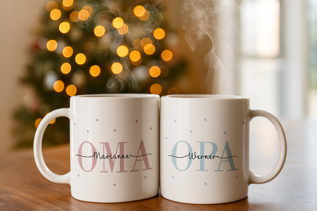 Zwei personalisierte Tassen für Oma und Opa mit Namen, vor unscharfem Weihnachtsbaum.