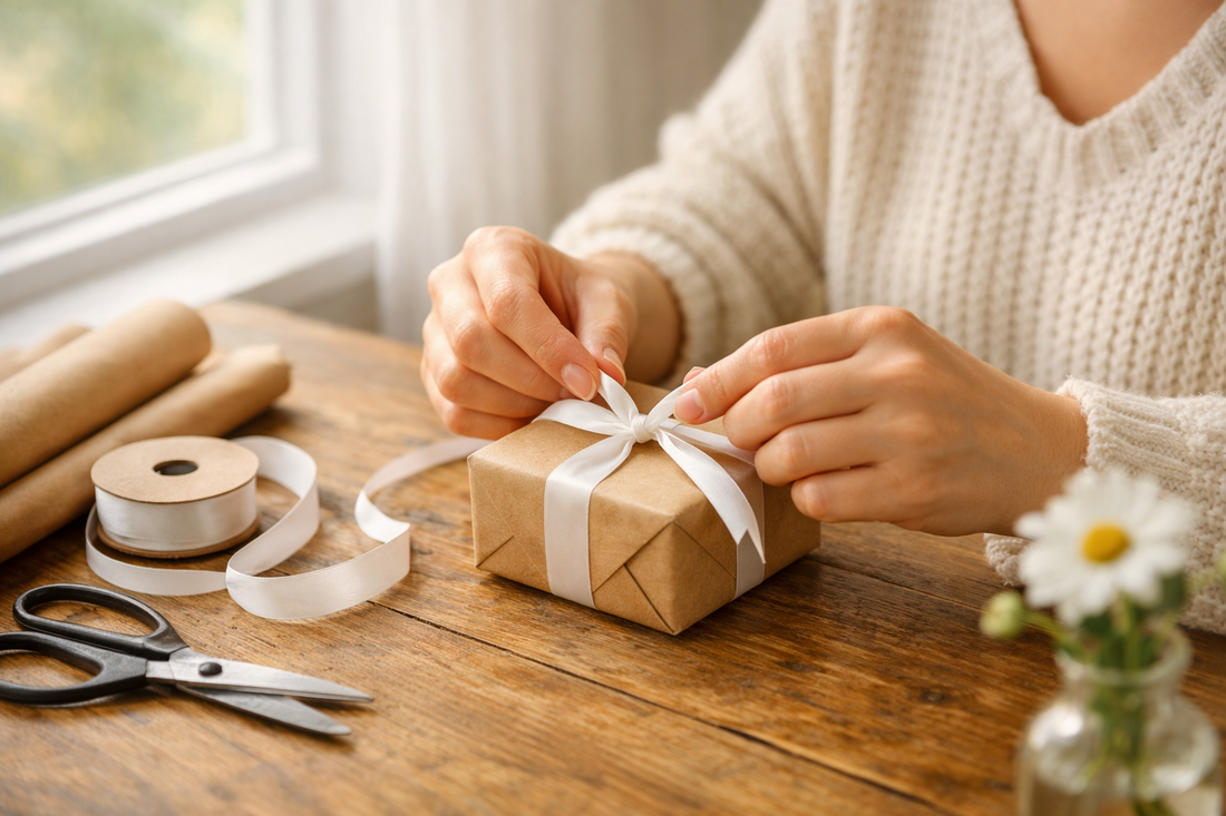kleines geschenk wird mit schleife auf einem holztisch am fenster vorbereitet