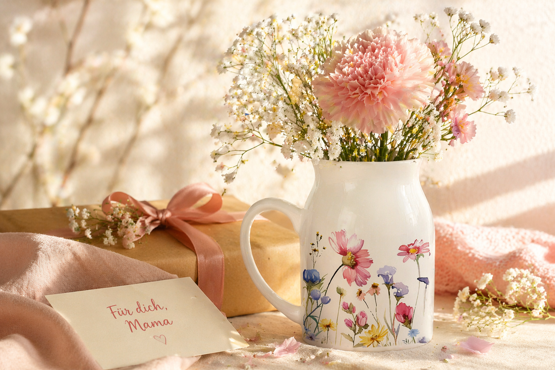 Keramik Milchkännchen mit Blumenmotiv als Vase mit frischem Strauß, Geschenk und Karte auf einem Tisch in warmem Licht