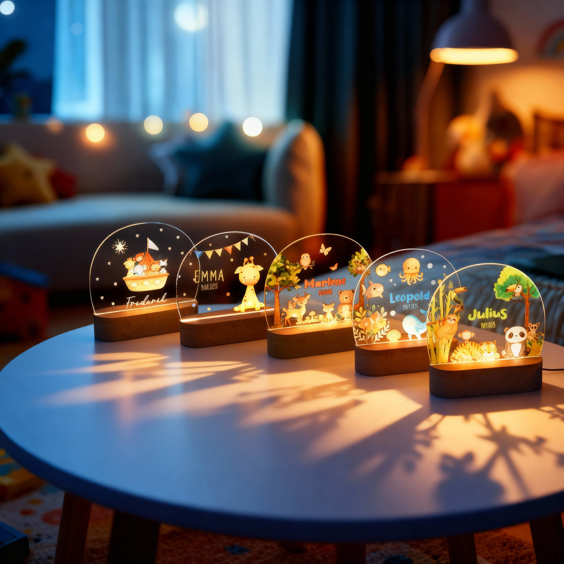 Personalisierte Nachtlichter mit Tiermotiven leuchten auf einem Tisch im Kinderzimmer