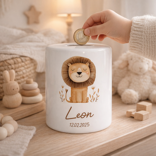Personalisierte Spardose mit Löwenmotiv im Kinderzimmer, Hand steckt Münze hinein