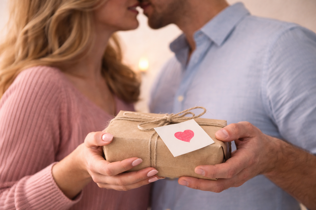 Paar hält Geschenk mit Herzanhänger, romantische Valentinstag Überraschung