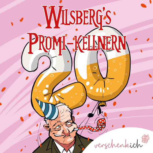 Illustration mit großem Ballon „20“, Partyhut und Konfetti, Schriftzug Wilsberg's Promi-Kellnern