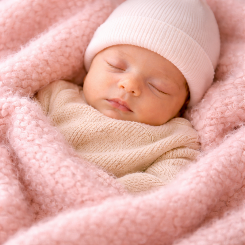 Schlafendes Baby mit weißer Mütze in rosa Strickdecke, Neugeborenes Geschenkidee