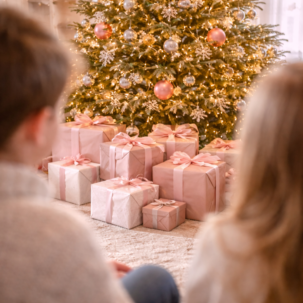 Weihnachtsbaum mit Lichterkette, rosa Geschenkboxen und Kindern im Vordergrund
