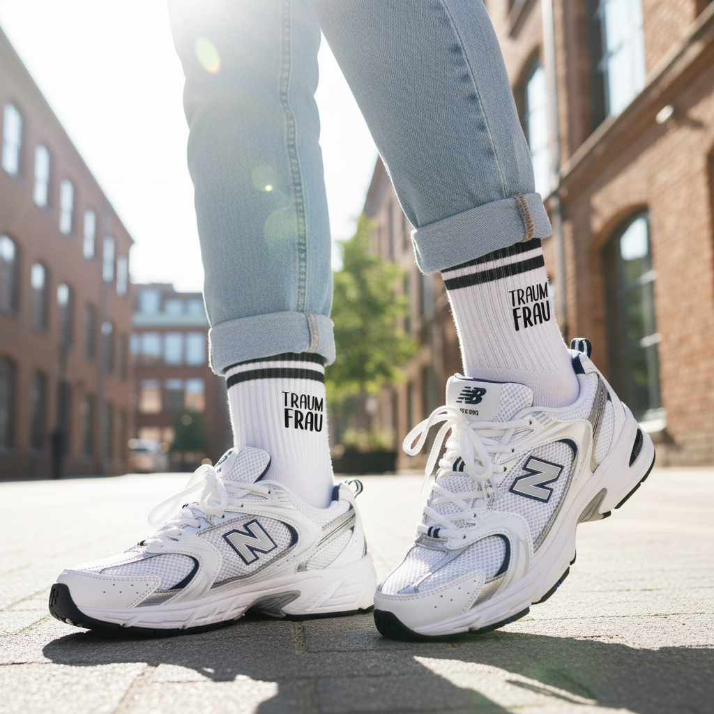 Weiße Socken mit schwarzem 'Traumfrau'-Print, getragen zu weißen Sneakern und Jeans