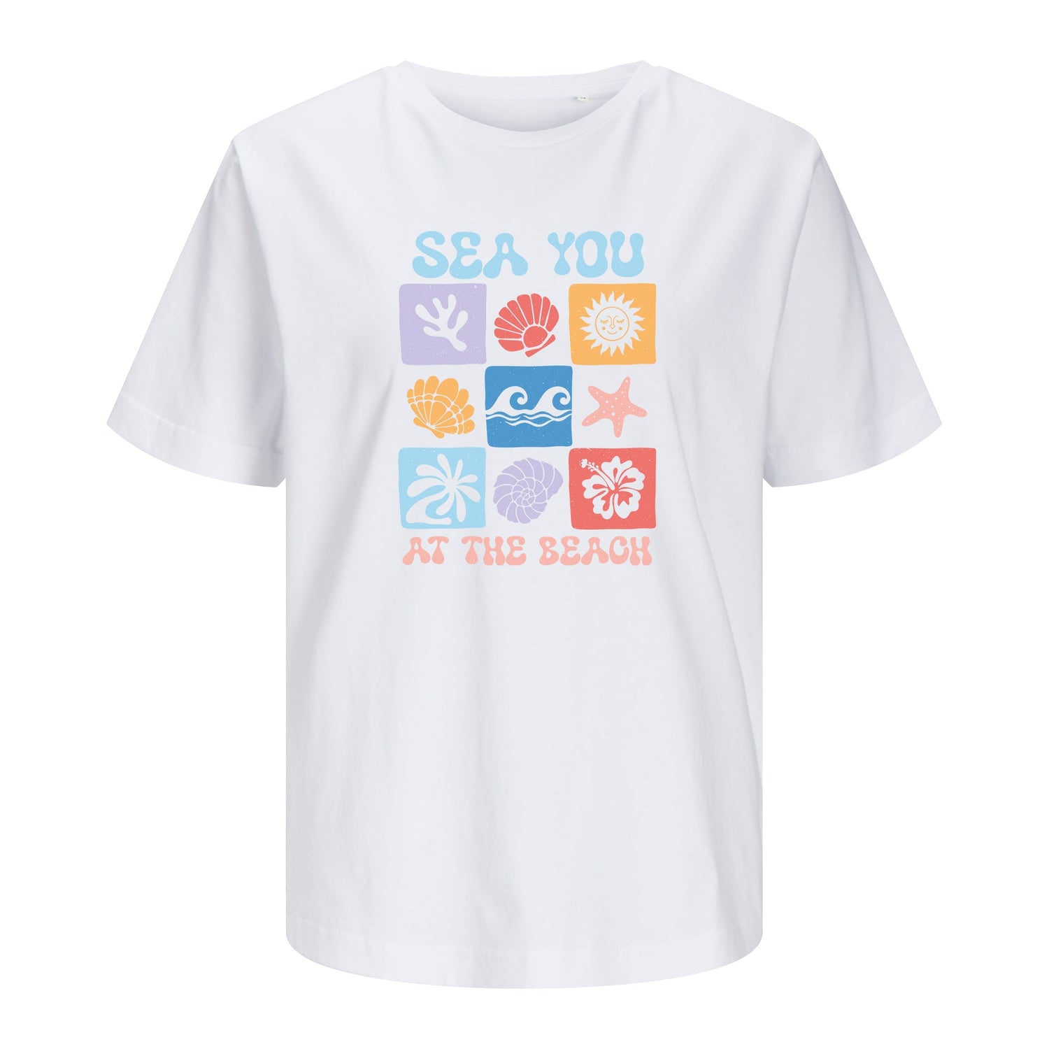 Weißes Damen T-Shirt mit buntem Meerestier- und Muschelmotiv sowie "Sea You at the Beach" Print
