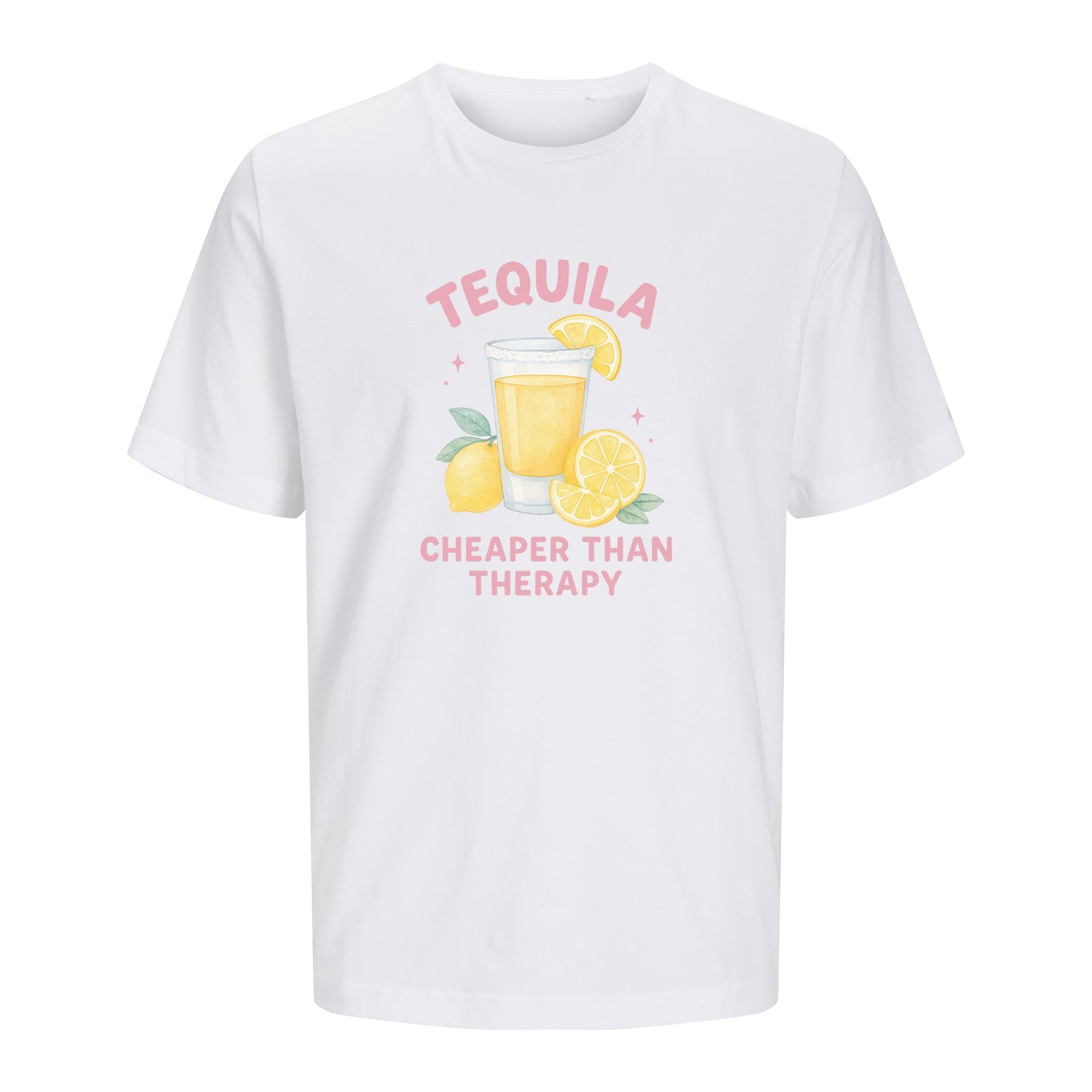 Weißes Damen-T-Shirt mit Tequila-Glas, Zitronenmotiv und Spruch 'Tequila cheaper than therapy'.