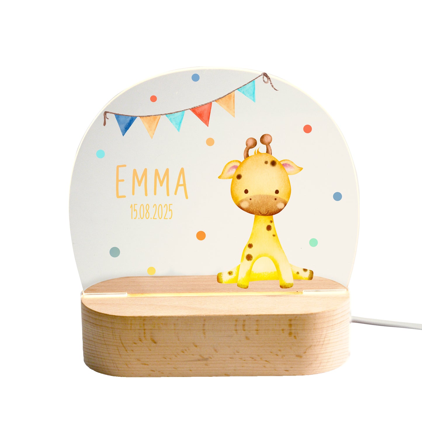 Beleuchtetes Nachtlicht mit Acrylplatte und Holzsockel aus Buche auf weißem Hintergrund, Giraffenmotiv mit Wimpelgirlande.