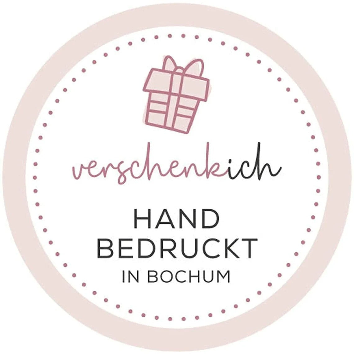 verschenkich Logo mit dem Zusatz "Handbedruckt in Bochum" und Geschenk Icon