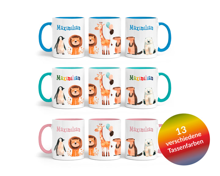 Personalisierte Tasse | mit Wunschnamen | Tierparty | Geschenk mit Name in bunt oder passend zu deiner Tassenfarbe | 13 verschiedene Farben