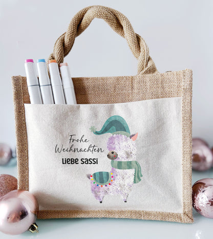 Jute Pocket Tasche mit Namen | Alpaka blau