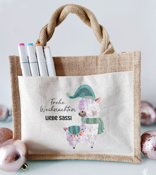 Jute Pocket Tasche mit Namen | Alpaka blau