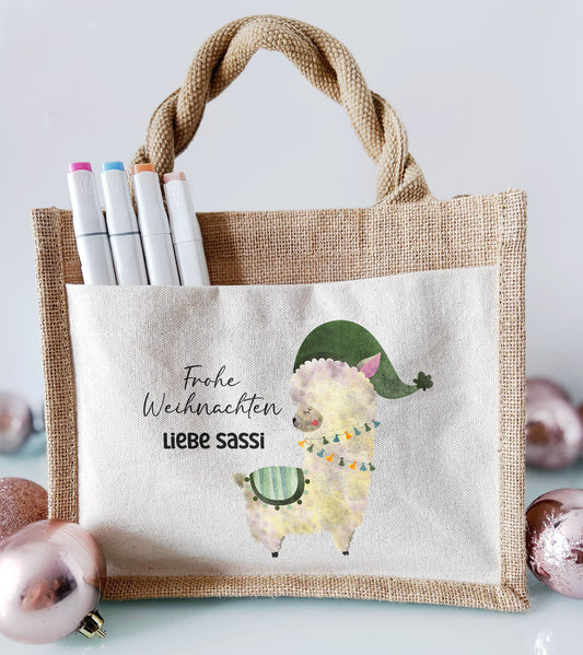 Jute Pocket Tasche mit Namen | Alpaka grün