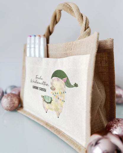 Jute Pocket Tasche mit Namen | Alpaka grün