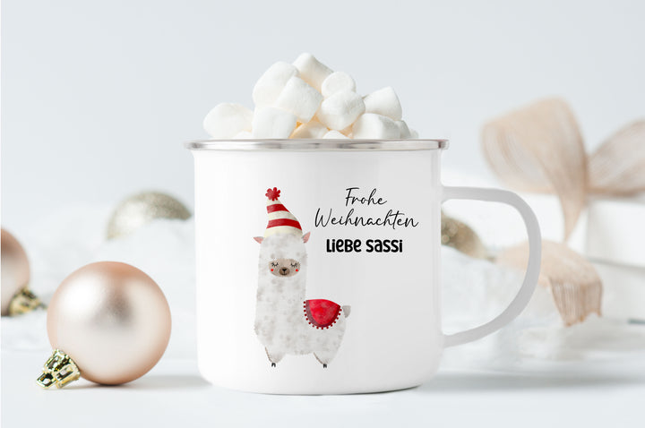 Personalisierter Emaillebecher | Emaille Tasse | Rand silber oder schwarz | mit Wunschnamen | Alpaka rot | Geschenk für Weihnachten