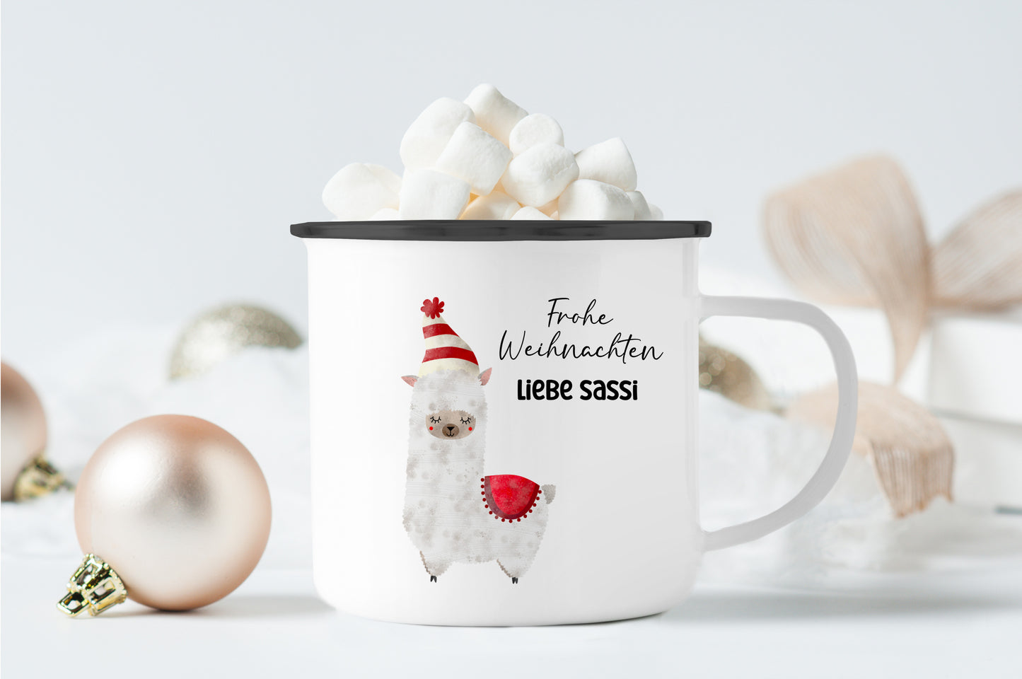 Emaille Tasse mit Name | Alpaka rot