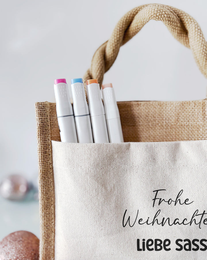 Personalisierte Jute Pocket Tasche | mit Wunschnamen | Frohe Weihnachten | Alpaka rot | Geschenktasche für Weihnachten