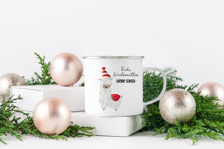 Personalisierter Emaillebecher | Emaille Tasse | Rand silber oder schwarz | mit Wunschnamen | Alpaka rot | Geschenk für Weihnachten