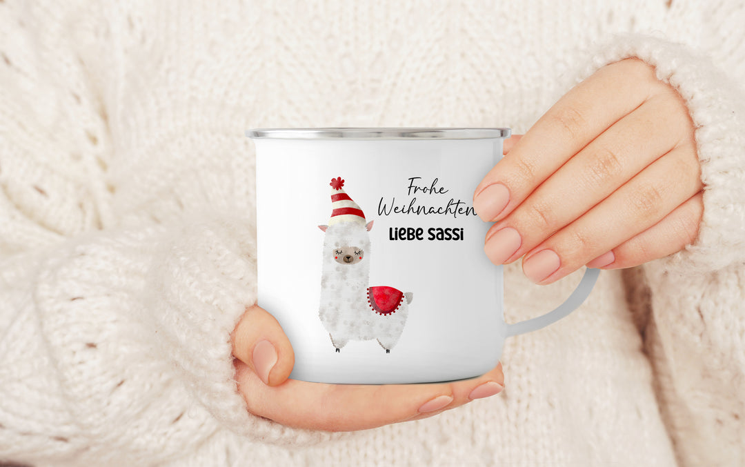 Personalisierter Emaillebecher | Emaille Tasse | Rand silber oder schwarz | mit Wunschnamen | Alpaka rot | Geschenk für Weihnachten