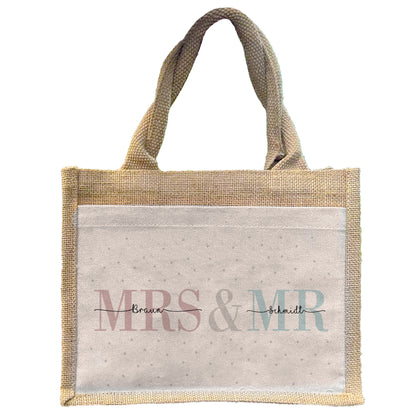 Personalisierte Geschenktasche | Mrs + Mr | mit Name | Jute Pocket Tasche | Hochzeit | besondere Geschenkverpackung zur Vermählung