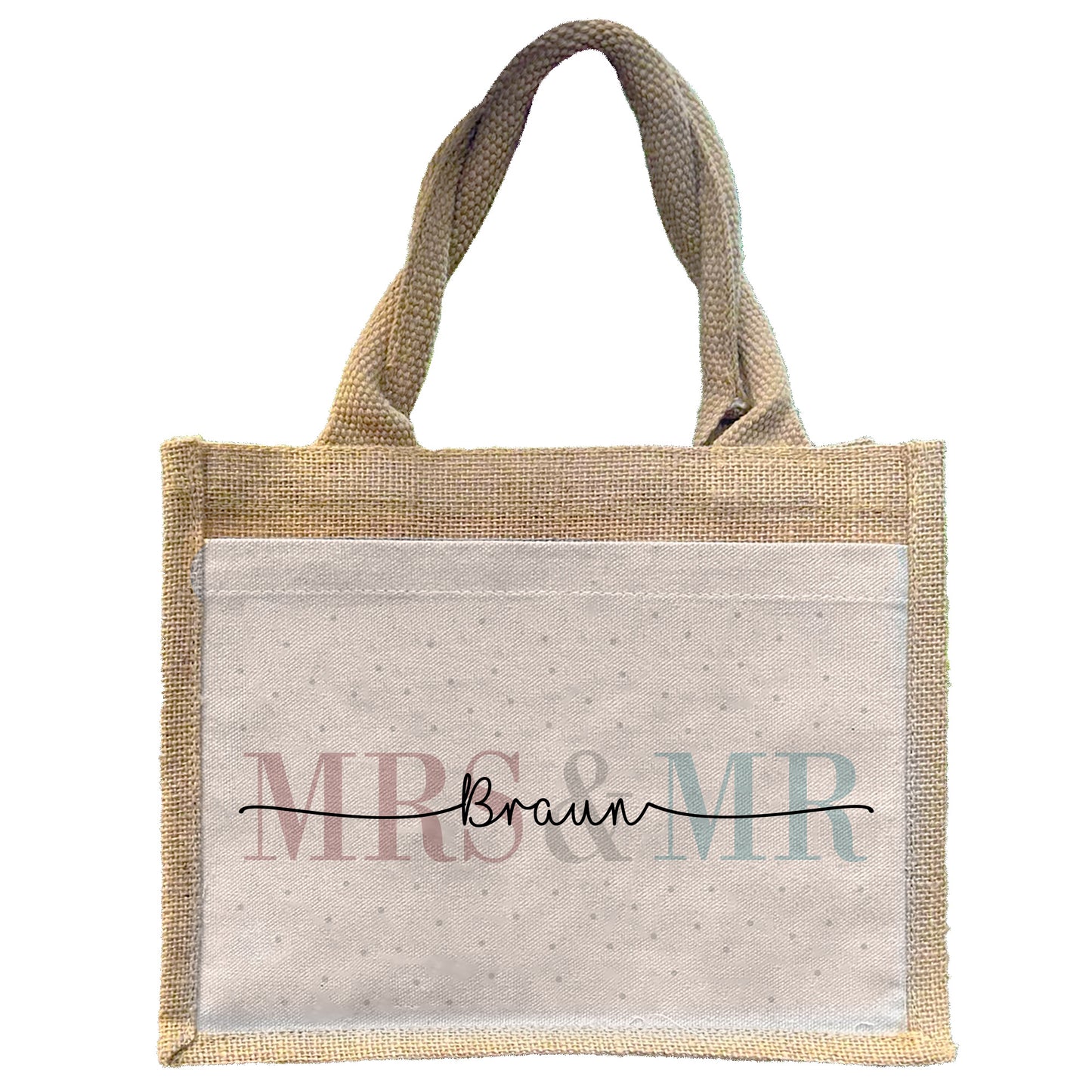Personalisierte Geschenktasche | Mrs + Mr | mit Name | Jute Pocket Tasche | Hochzeit | besondere Geschenkverpackung zur Vermählung