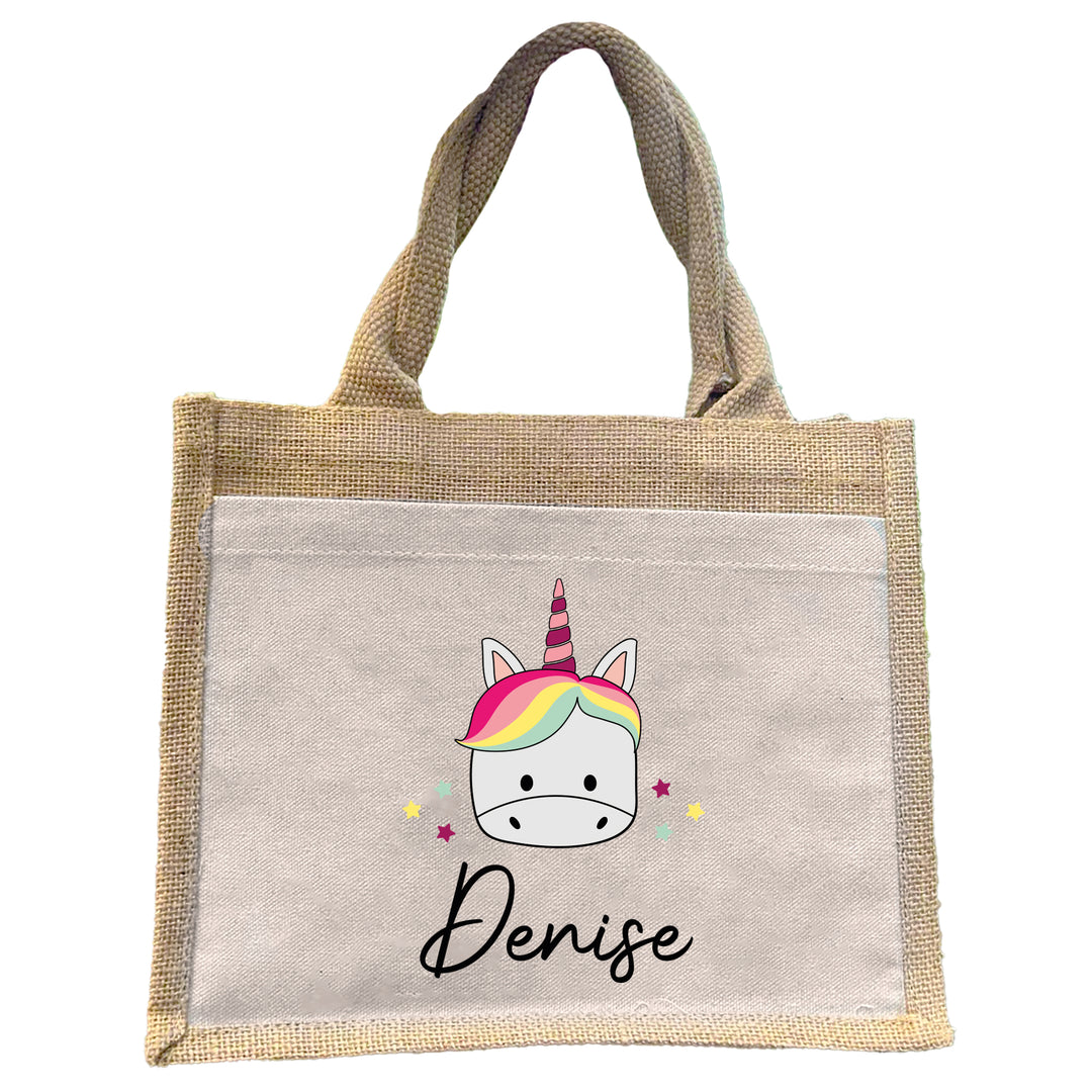 Personalisierte Jute Pocket Tasche | mit Wunschnamen | Tiere | Einhorn | persönliches Geschenk für Kinder | auch als Geschenktasche