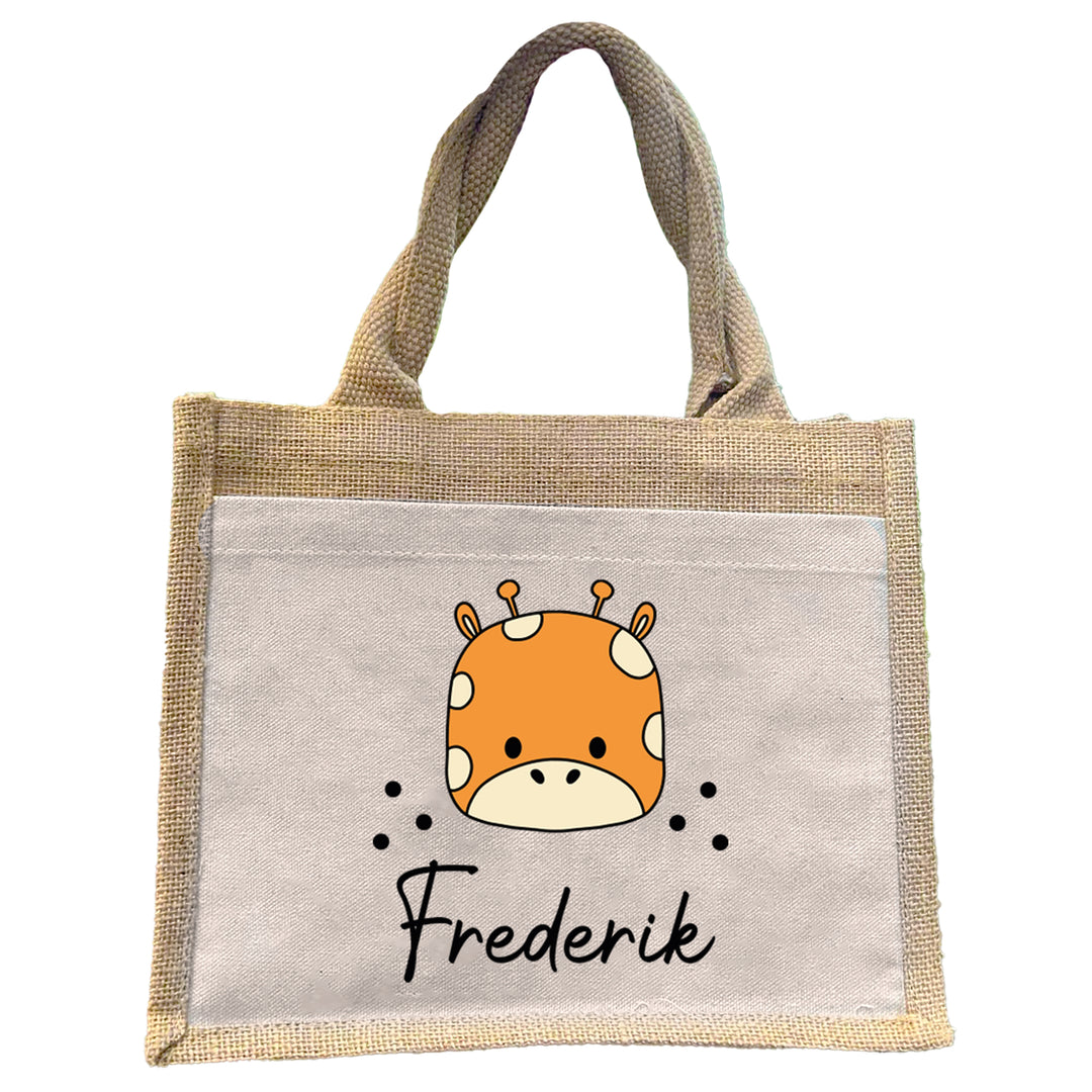 Personalisierte Jute Pocket Tasche | mit Wunschnamen | Tiere | Giraffe | persönliches Geschenk für Kinder | auch als Geschenktasche