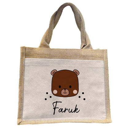 Personalisierte Jute Pocket Tasche | mit Wunschnamen | Tiere | Bär | persönliches Geschenk für Kinder | auch als Geschenktasche