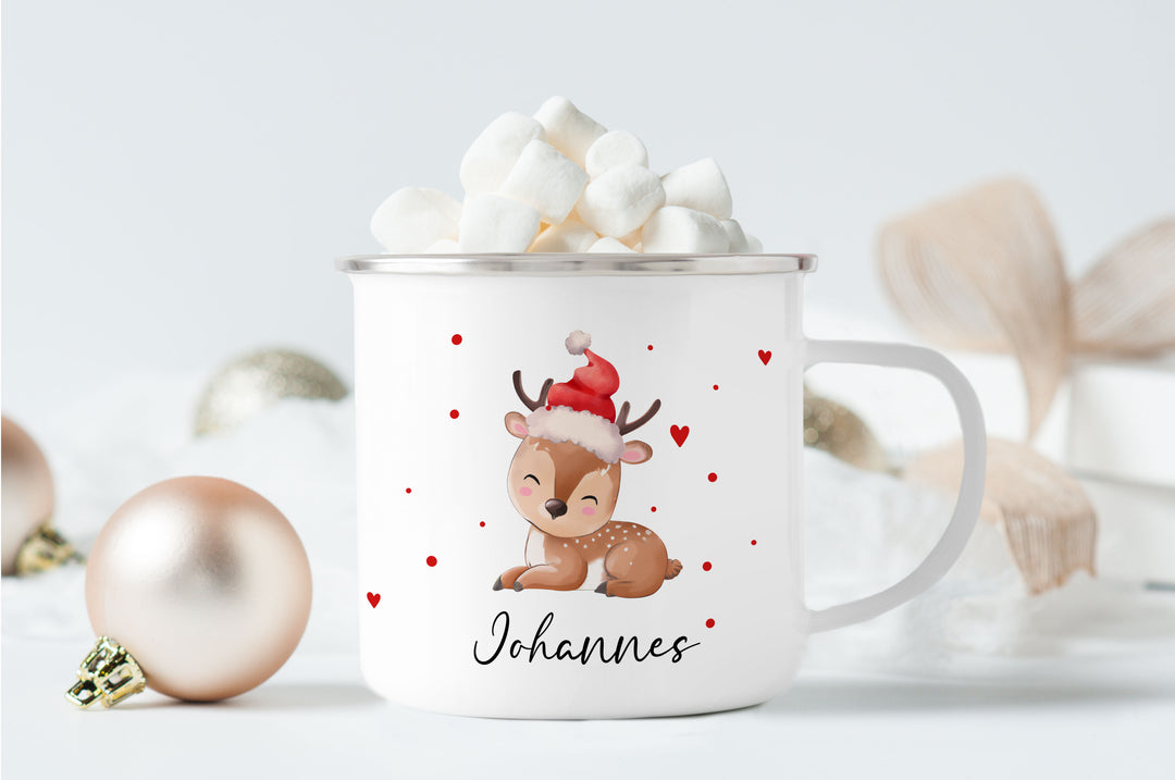 Personalisierter Emaillebecher | Emaille Tasse | Rand silber oder schwarz | mit Wunschnamen | Baby Rentier | Reh | Geschenk für Weihnachten