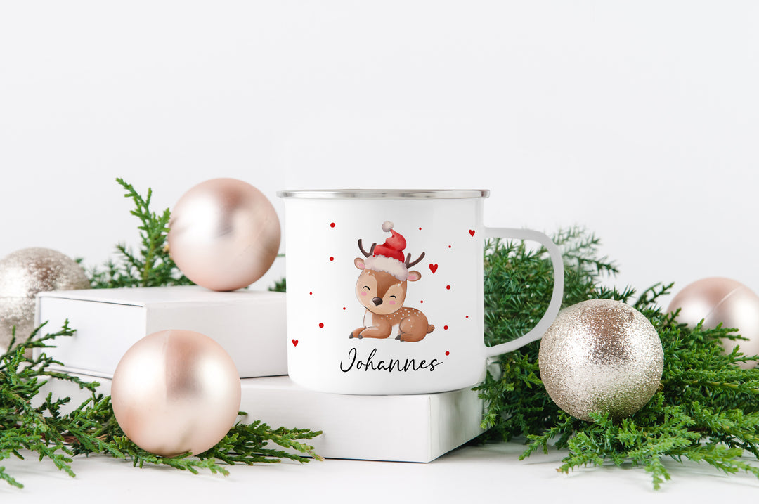 Personalisierter Emaillebecher | Emaille Tasse | Rand silber oder schwarz | mit Wunschnamen | Baby Rentier | Reh | Geschenk für Weihnachten