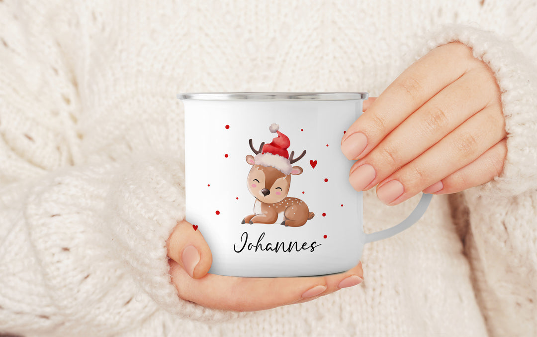 Personalisierter Emaillebecher | Emaille Tasse | Rand silber oder schwarz | mit Wunschnamen | Baby Rentier | Reh | Geschenk für Weihnachten