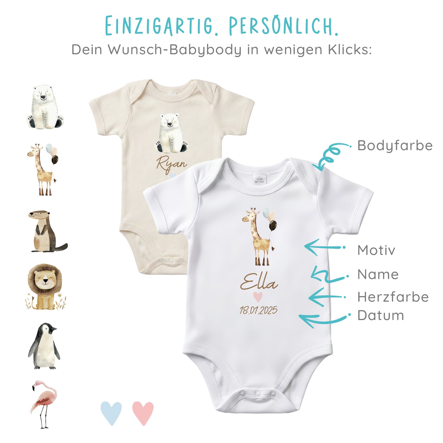 Baby Body Langarm mit Name & Geburtsdatum | Wickelbody aus Bio-Baumwolle | Tierparty - Löwe