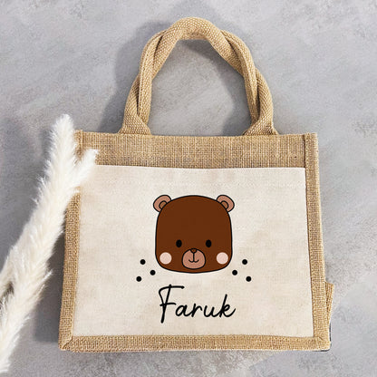 Personalisierte Jute Pocket Tasche | mit Wunschnamen | Tiere | Bär | persönliches Geschenk für Kinder | auch als Geschenktasche